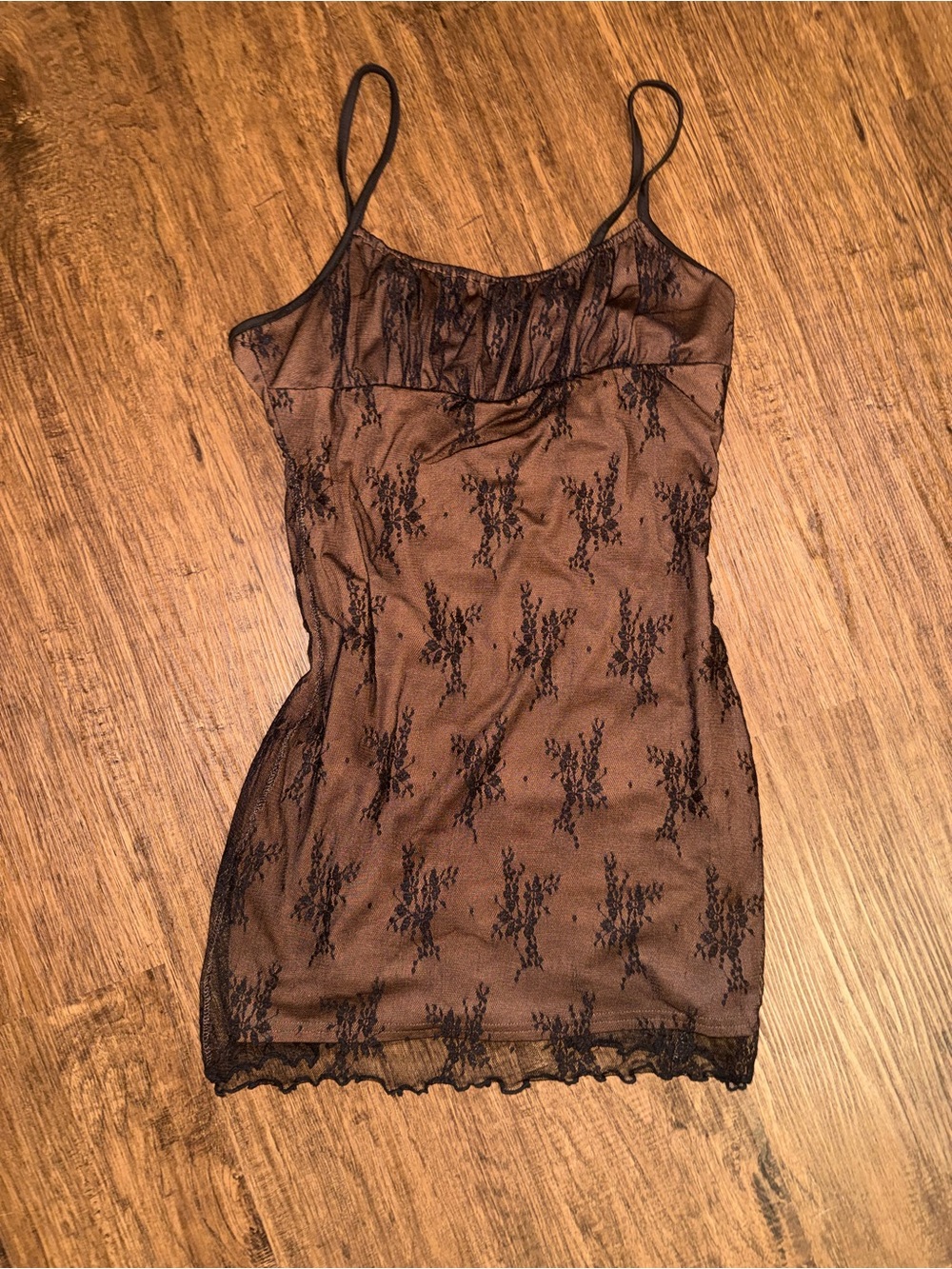 Sheer Lace Slip Dress with Spaghetti Straps - Brown/Black